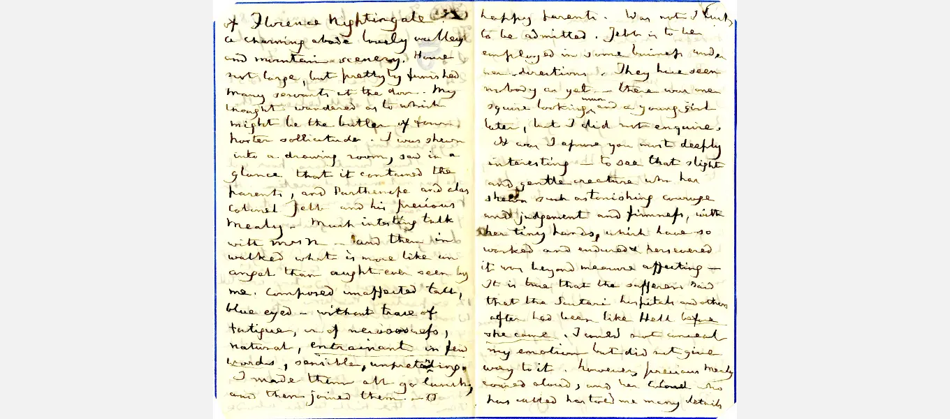 Part of the Duke’s letter to his sister describing his meeting with Florence Nightingale. He had suffered a ‘paralytic seizure’ of his right side (presumably a stroke) two years previously which severely affected his handwriting.