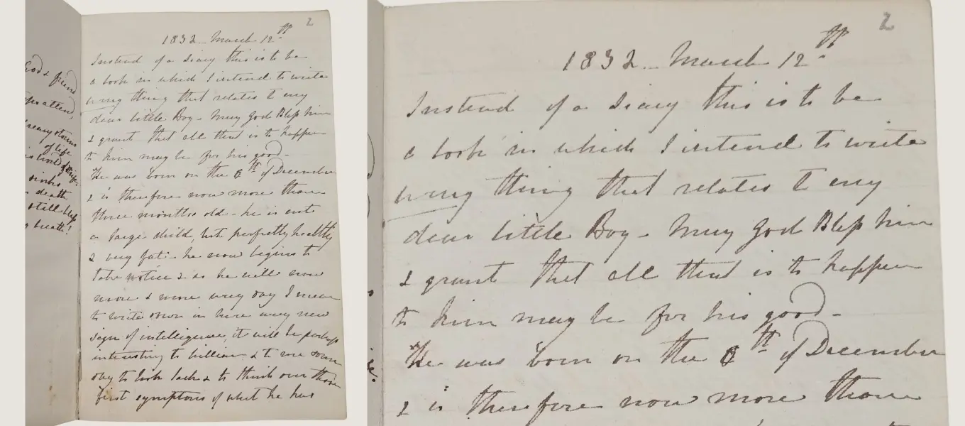 The first page of Blanche Cavendish, Countess of Burlington’s journal “Instead of a diary this is to be a book in which I intend to write any thing that relates to my dear little boy”